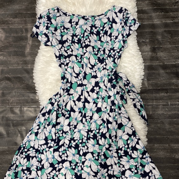 PERCEPTIONS FLORAL DRESS NAVY WHITE GREEN TIE WAIST SPRING BOHO COTTAGECORE - Picture 7 of 10